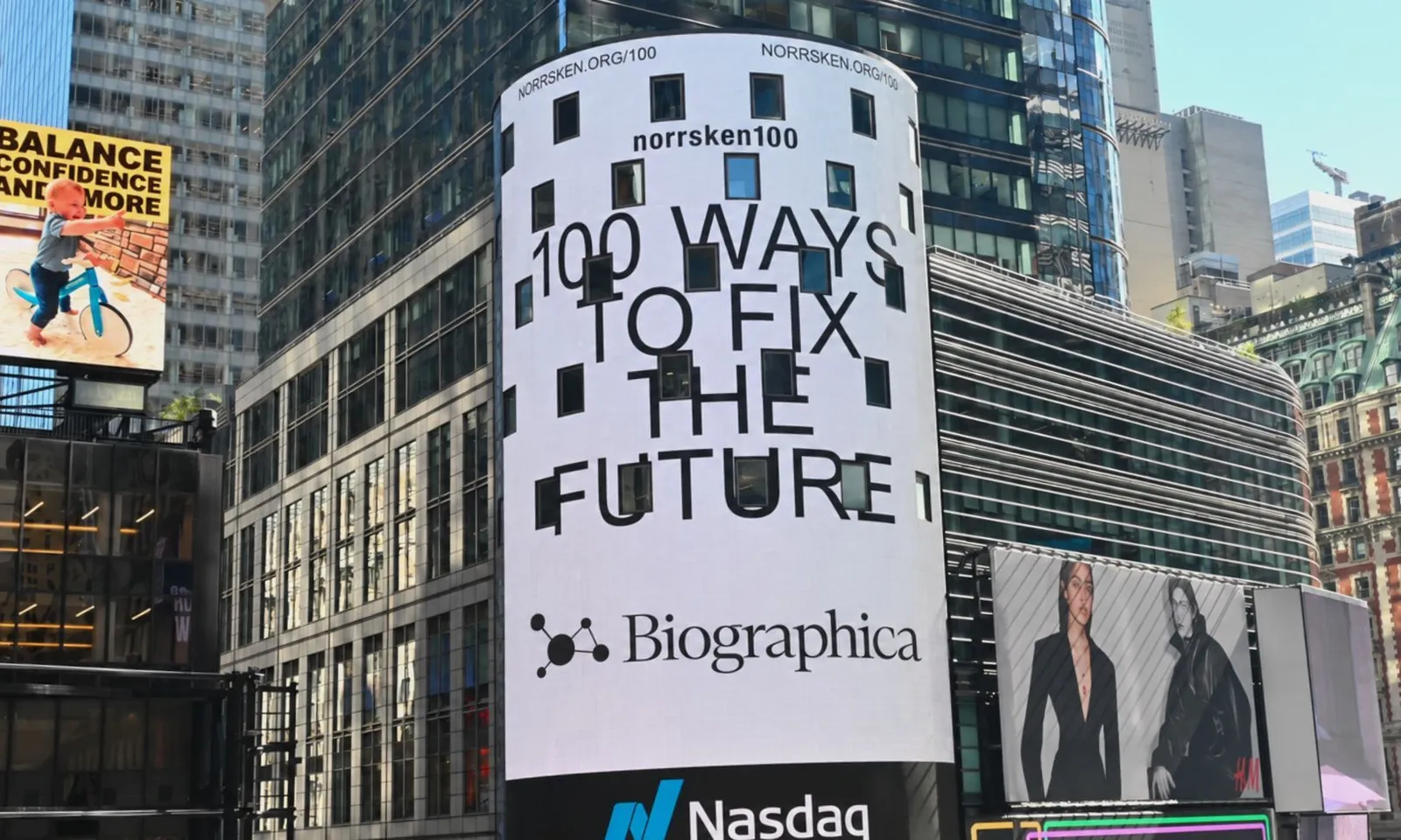 The Biographica logo under the words “100 ways to fix the future” on the Nasdaq tower billboard in Times Square