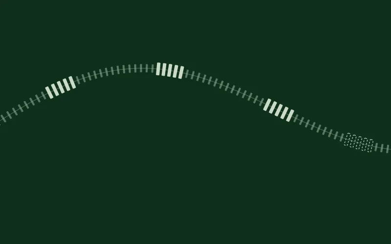 A sequence track curving across a dark green field, with three stretches of it picked out in pale green and a fourth drawn in dashes